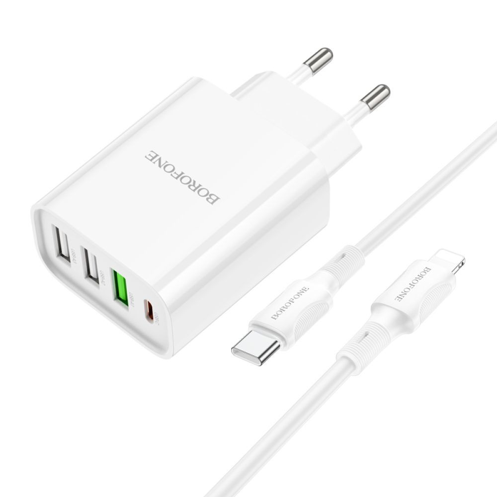 Мережевий зарядний пристрій Borofone BA79A, Cable Type C to Lightning, PD 20W, QC 3.0, White - 6