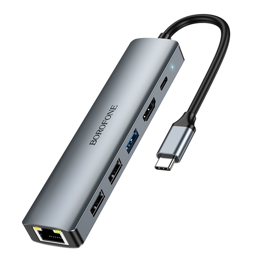 USB-хаб Borofone DH16, 6 in 1, Type-C to HDMI/Type-C/1xUSB 3.0/2xUSB 2.0/RJ45, 0.15m, Gray - 1