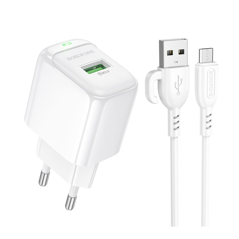 Мережевий зарядний пристрій Borofone BAS42A, Cable Micro, PD 18W, QC 3.0, White - 1