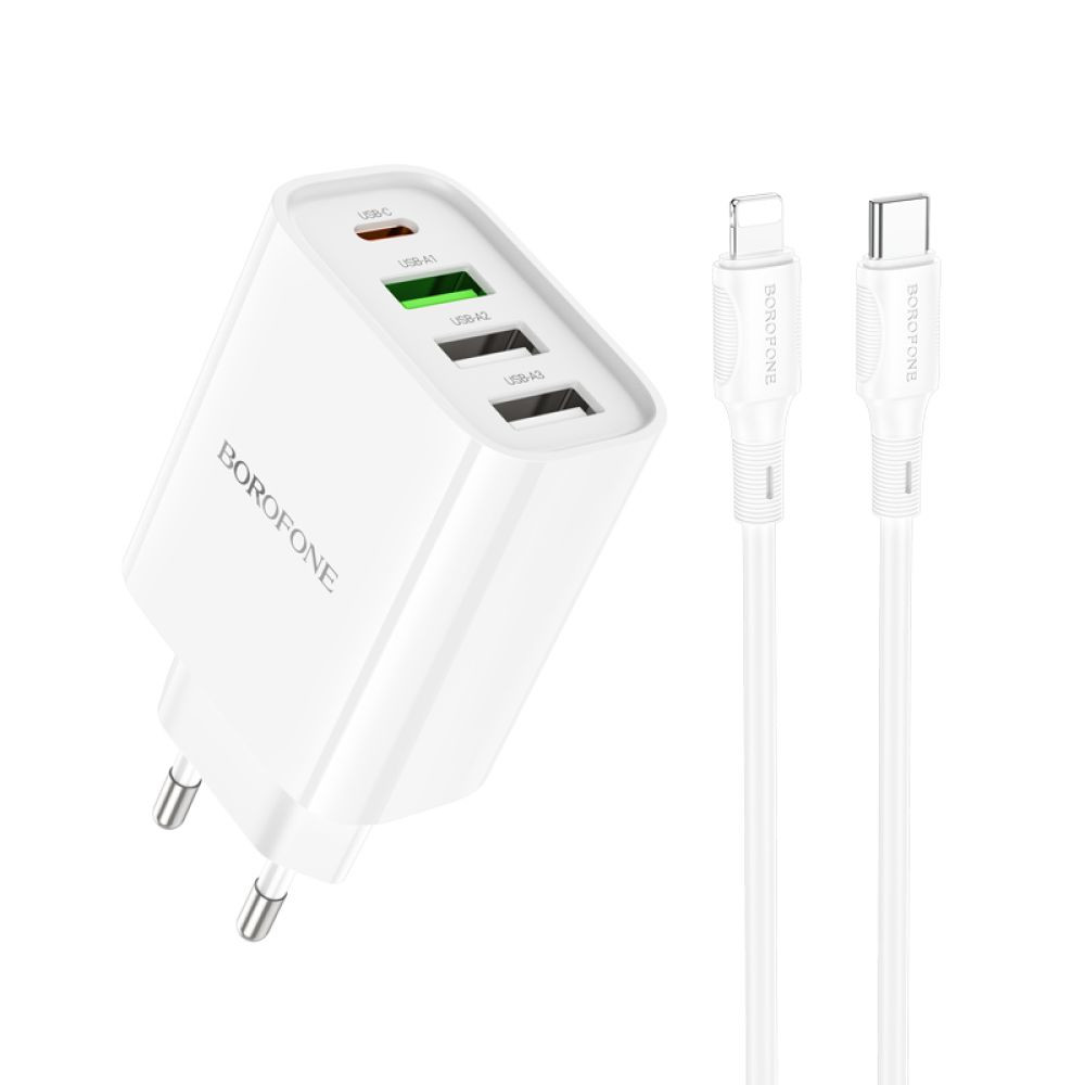 Мережевий зарядний пристрій Borofone BA79A, Cable Type C to Lightning, PD 20W, QC 3.0, White - 1