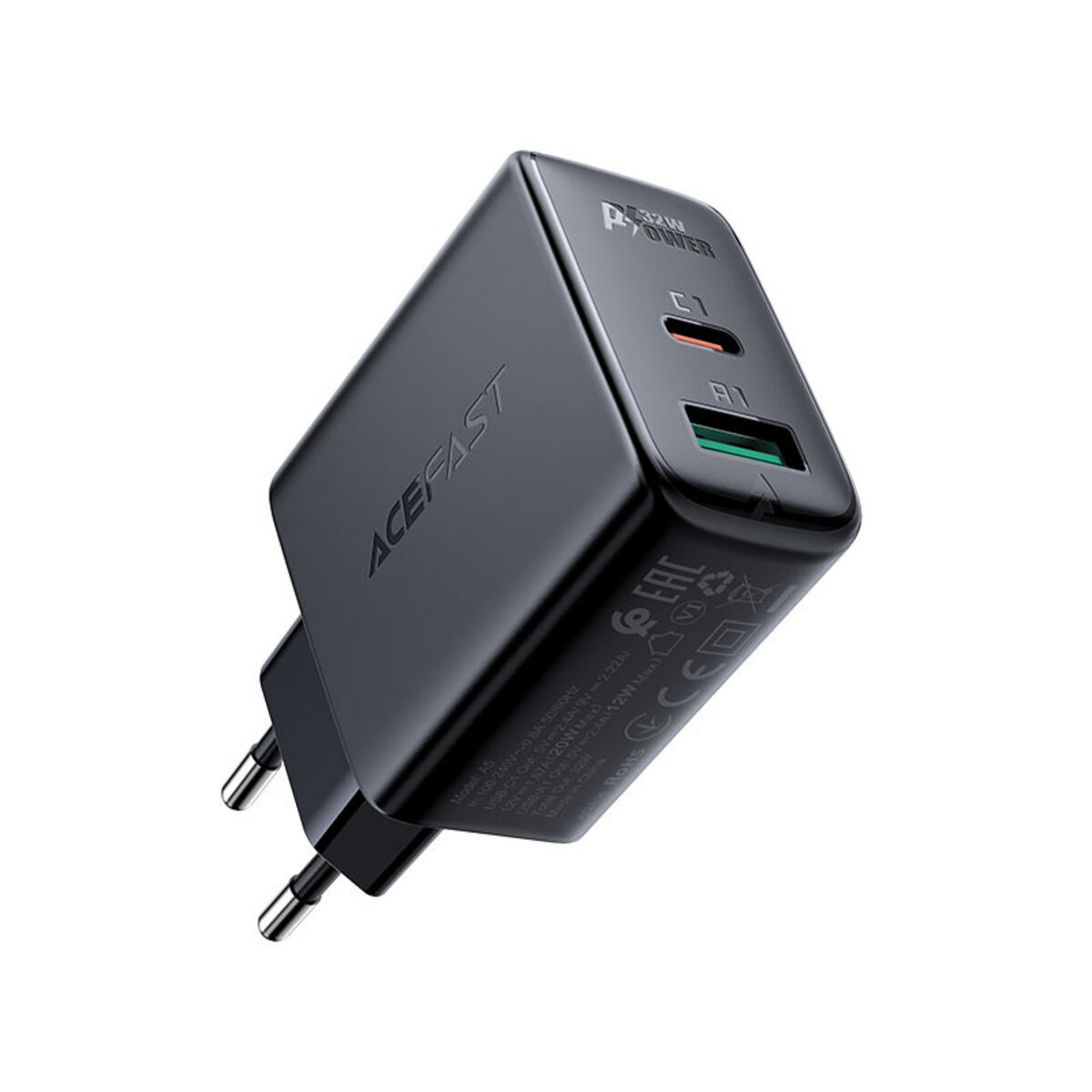 Мережевий зарядний пристрій ACEFAST A5 PD32W(USB-C+USB-A) dual port charger Black - 4
