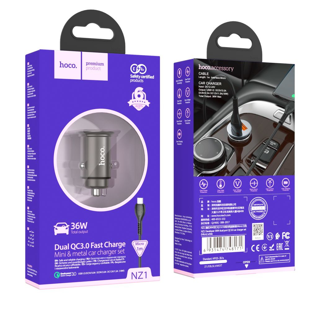 Автомобільний зарядний пристрій Hoco NZ1, 36W, QC 3.0, Cable Micro, Dark Gray - 6