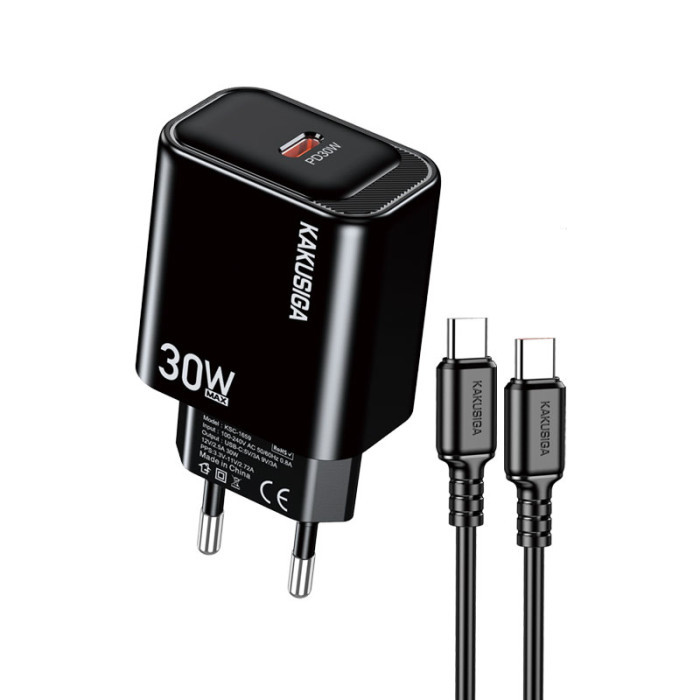 Мережевий зарядний пристрій Kakusiga KSC-1660, Cable Type-C to Type-C, 30W, Black - 1