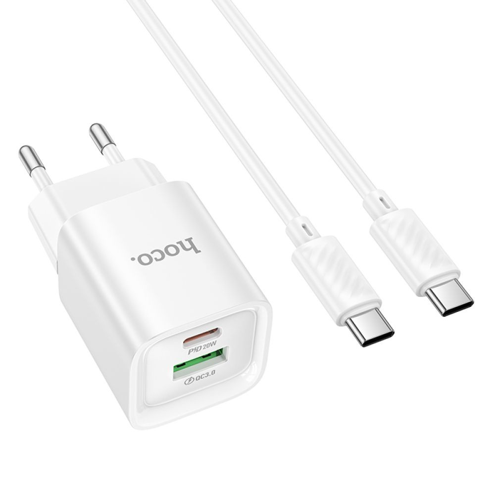 Мережевий зарядний пристрій Hoco C147A, Cable Type-C to Type-C, PD 20W, QC 3.0, White - 4