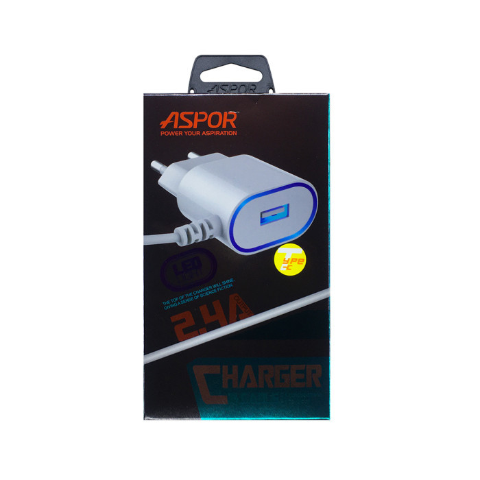 Мережевий зарядний пристрій Aspor A802 Plus, Cable Type-C, 1xUSB, 2.4A, White - 2