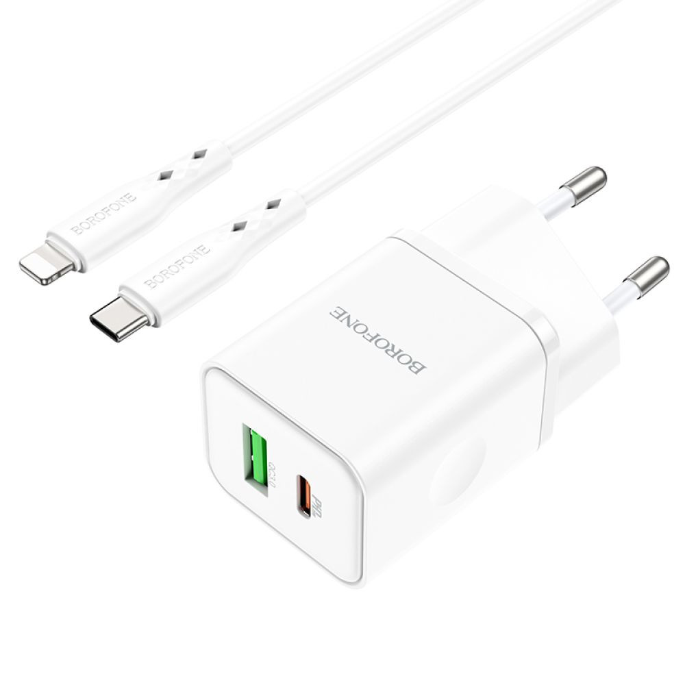 Мережевий зарядний пристрій Borofone BN7, Cable Type-C to Lightning, PD 20W, QC 3.0, White - 3