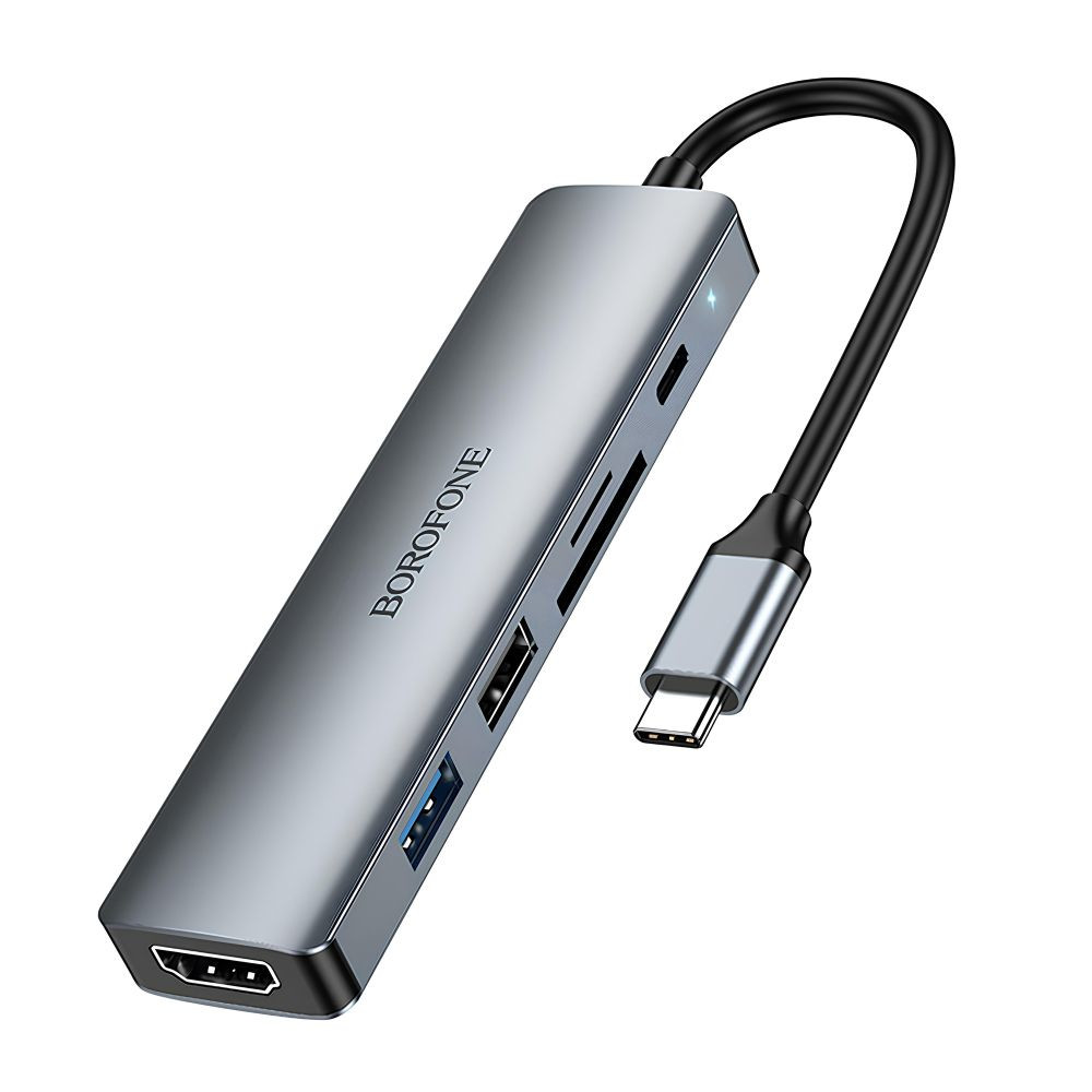 USB-хаб Borofone DH15, 6 in 1, Type-C to HDMI/Type-C/1xUSB 3.0/1xUSB 2.0/SD/TF, 0.15m, Gray - 1