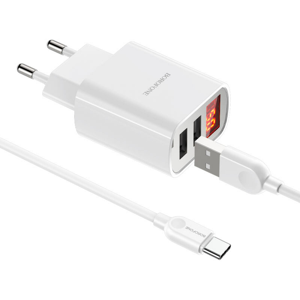 Мережевий зарядний пристрій Borofone BA58A, LCD Display, Cable Type-C, 2xUSB-A, 2.4A, White - 6