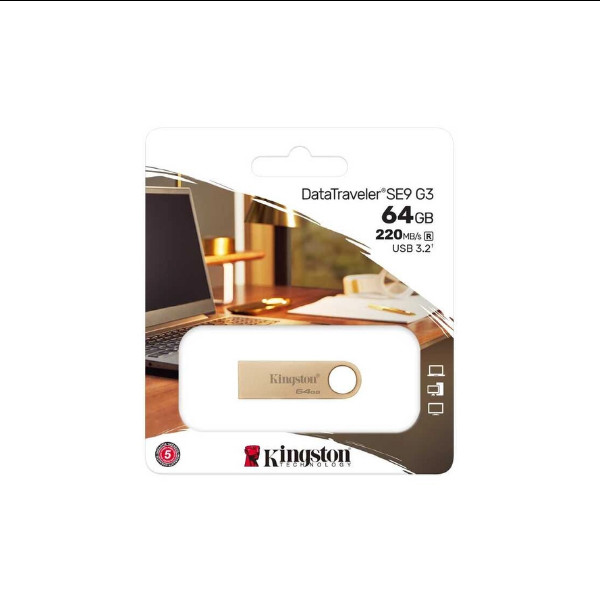 Флешка Kingston SE9 G3, USB 3.2, 64Gb, 220MB/s, Gold - 2