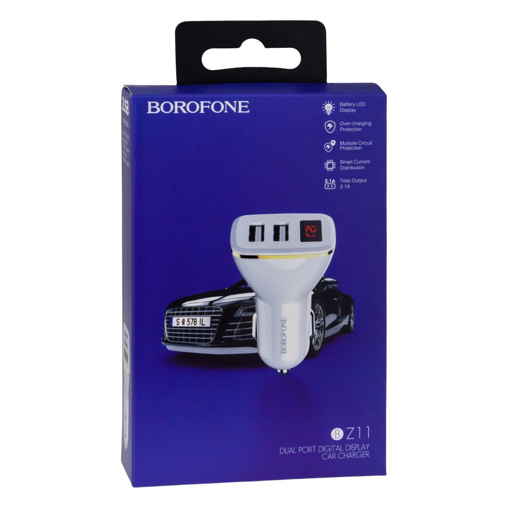 Автомобільний Зарядний Пристрій Borofone BZ11 Digital Display 2USB 2.1A White - 1
