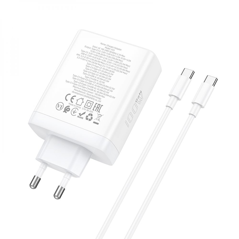 Мережевий зарядний пристрій Hoco N31, Cable Type-C to Type-C, GAN PD 100W, QC 22.5W, White - 3