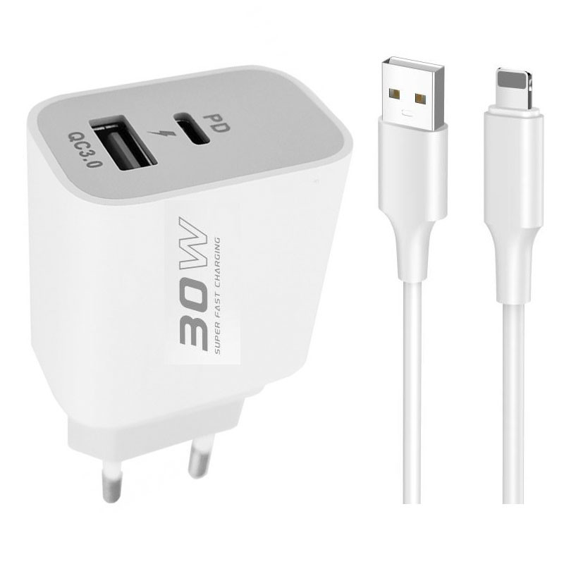 Мережевий зарядний пристрій Konfulon C89Q, Cable Lightning, USB-A QC3.0 20W, Type-C 30W Max, White - 1