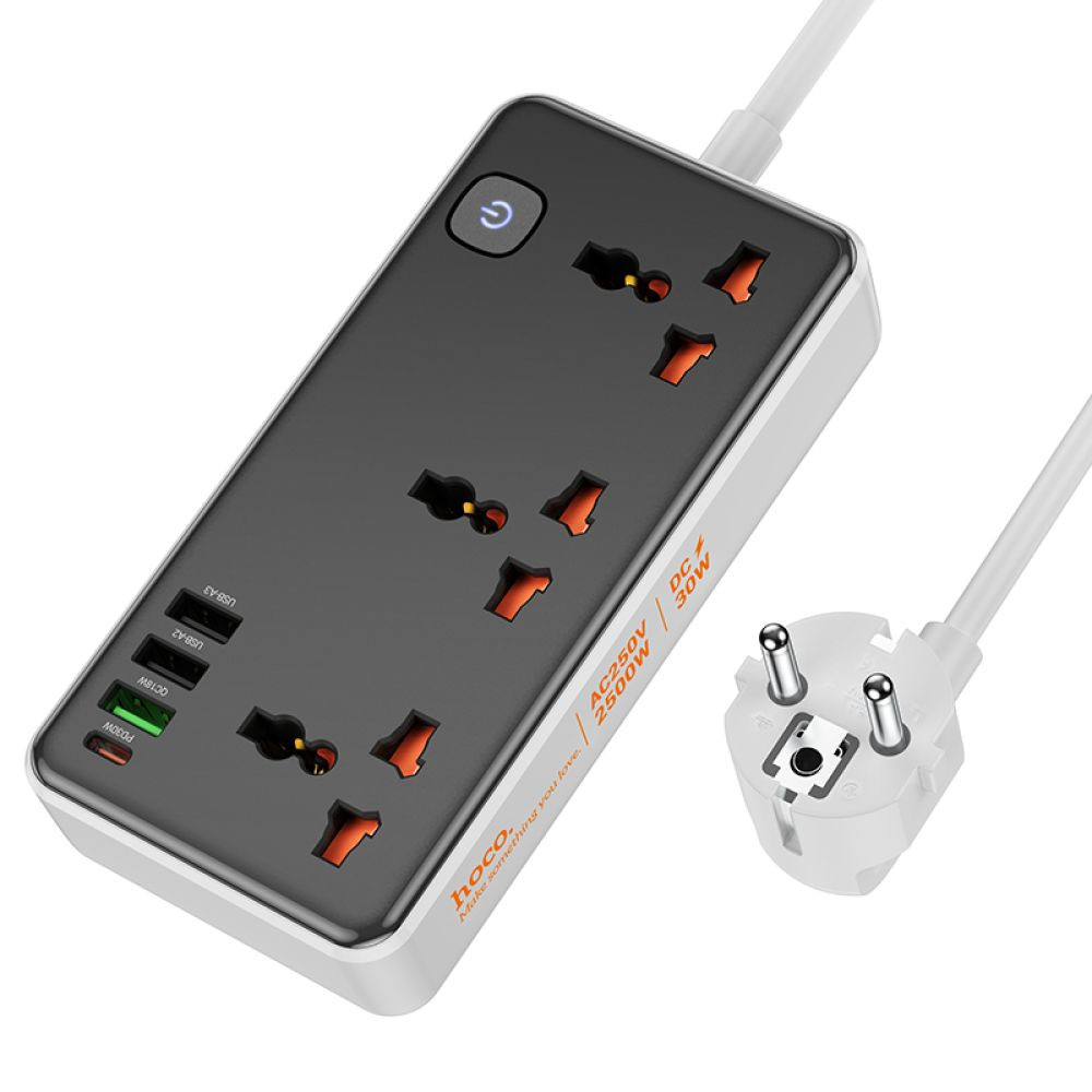 Мережевий подовжувач Hoco AC8A, 3xSocket, 1xType-C, 3xUSB-A, PD 30W, QC 3.0, 1.5m, White - 10