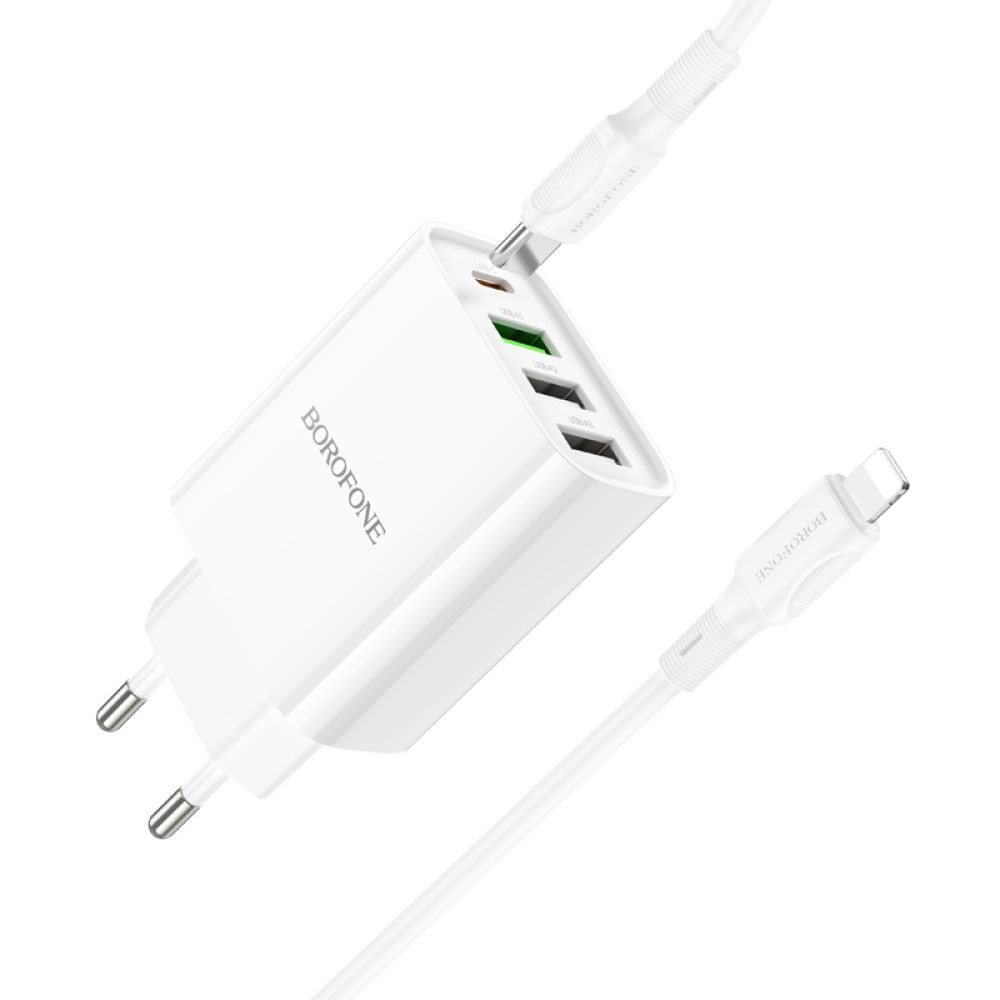 Мережевий зарядний пристрій Borofone BA79A, Cable Type C to Lightning, PD 20W, QC 3.0, White - 3