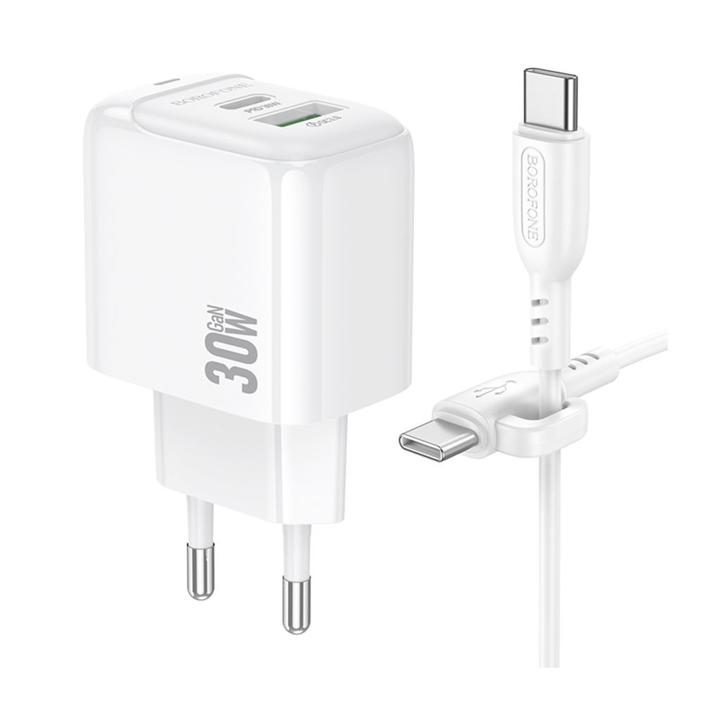 Мережевий зарядний пристрій Borofone BAS45A, Cable Type-C to Lightning, PD 30W, QC 3.0, White - 10