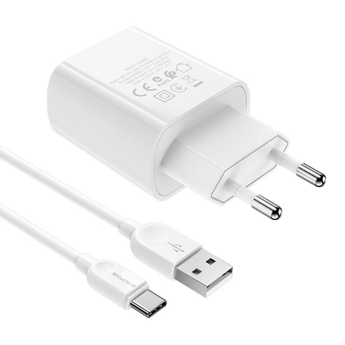 Мережевий зарядний пристрій Borofone BA58A, LCD Display, Cable Type-C, 2xUSB-A, 2.4A, White - 1
