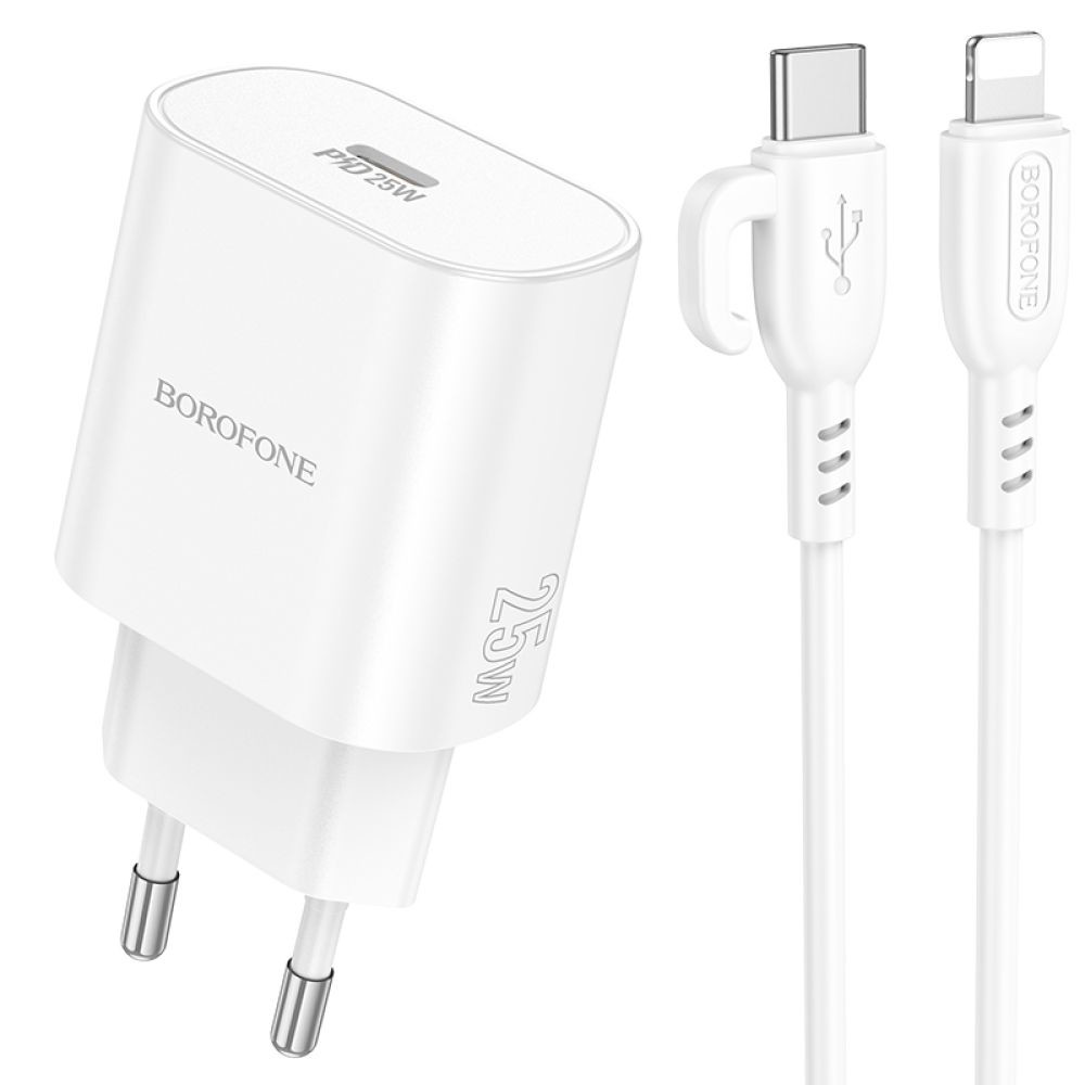 Мережевий зарядний пристрій Borofone BA82A, Cable Type-C to Lightning, PD 25W, QC 3.0, White - 1