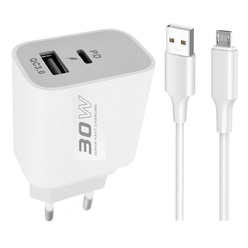 Мережевий зарядний пристрій Konfulon C89Q, Cable Micro, USB-A QC3.0 20W, Type-C 30W Max, White - 1