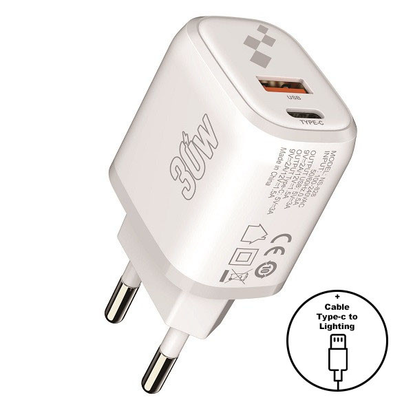 Мережевий Зарядний Пристрій iEnergy HC-28, Cable Type-C to Lightning, PD+Q.C 3.0, 30W Max White - 1