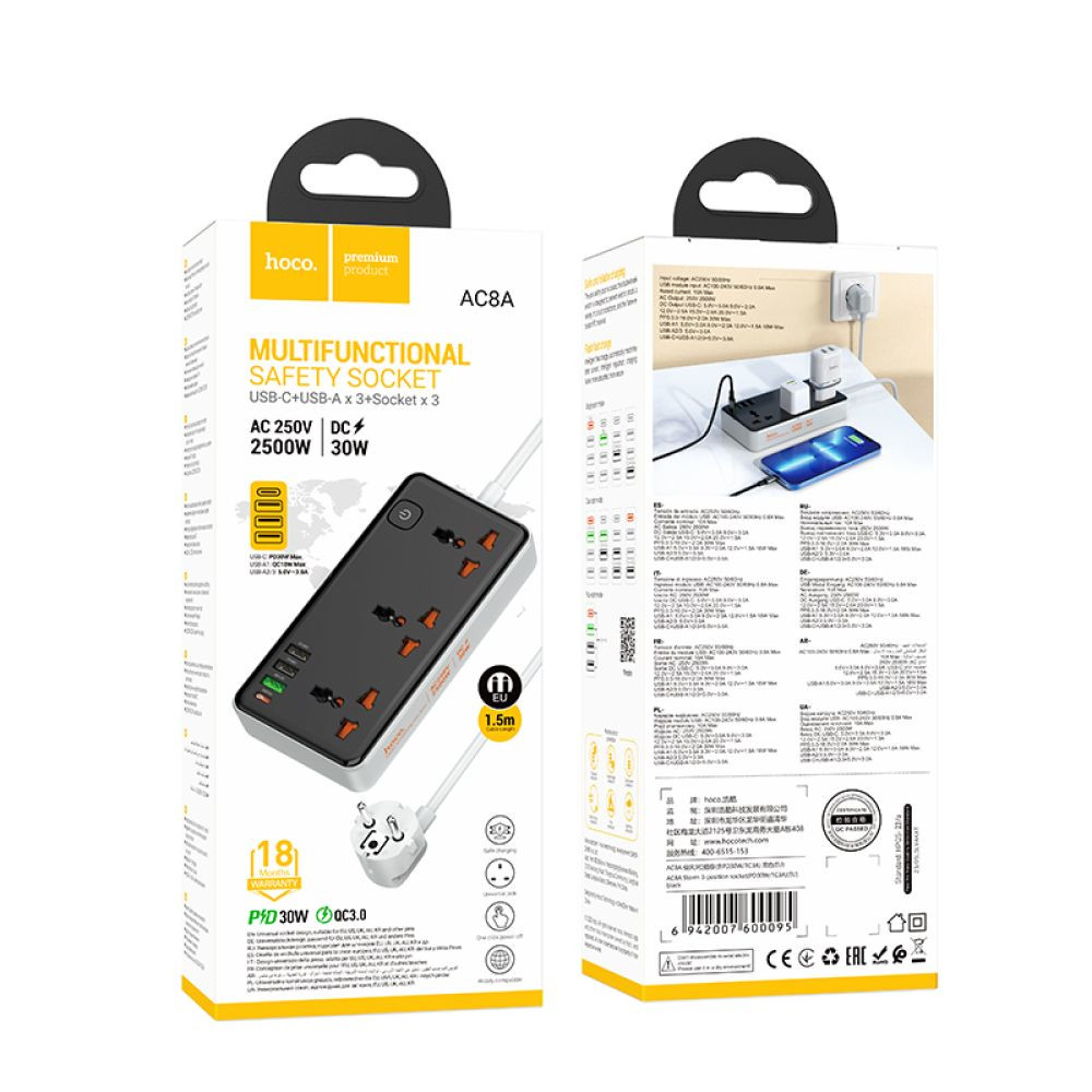 Мережевий подовжувач Hoco AC8A, 3xSocket, 1xType-C, 3xUSB-A, PD 30W, QC 3.0, 1.5m, White - 9