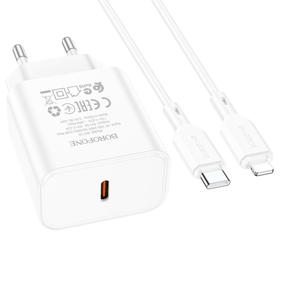 Мережевий зарядний пристрій Borofone BA71A, Cable Type-C to Lightning, PD 20W, White - 1