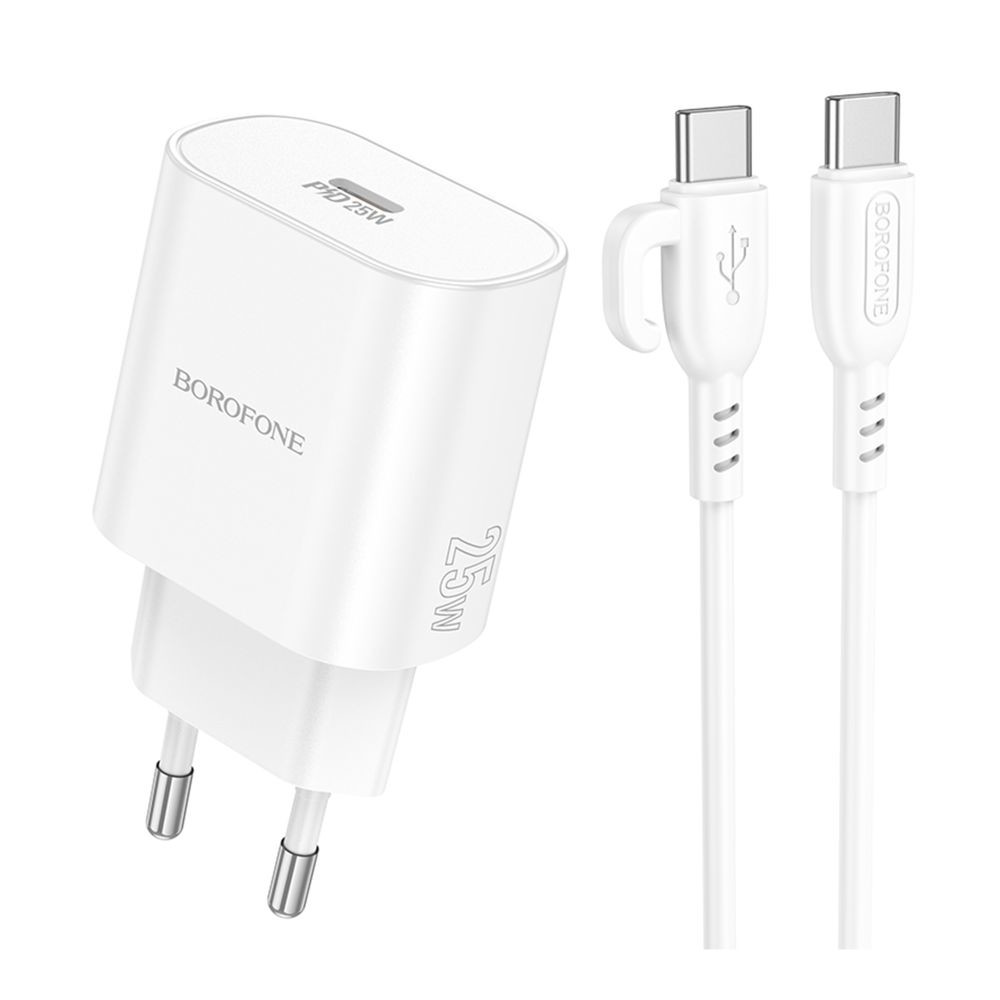 Мережевий зарядний пристрій Borofone BA82A, Cable Type-C to Type-C, PD 25W, QC 3.0, White - 1