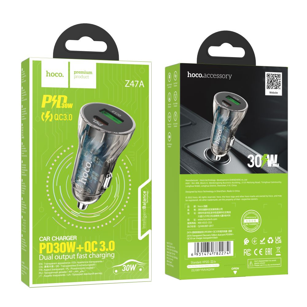 Автомобільний зарядний пристрій Hoco Z47A Transparent, PD 30W, QC3.0, Black - 7