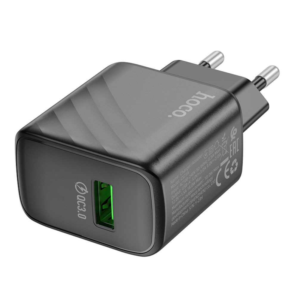 Мережевий Зарядний Пристрій Hoco CS21A, USB-A, QC3.0 18W, Black - 5