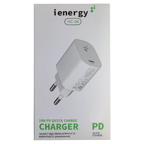 Мережевий Зарядний Пристрій iEnergy HC-06, Cable Type-C to Type-C, USB-C 20W, PD+Q.C 3.0, White - 3