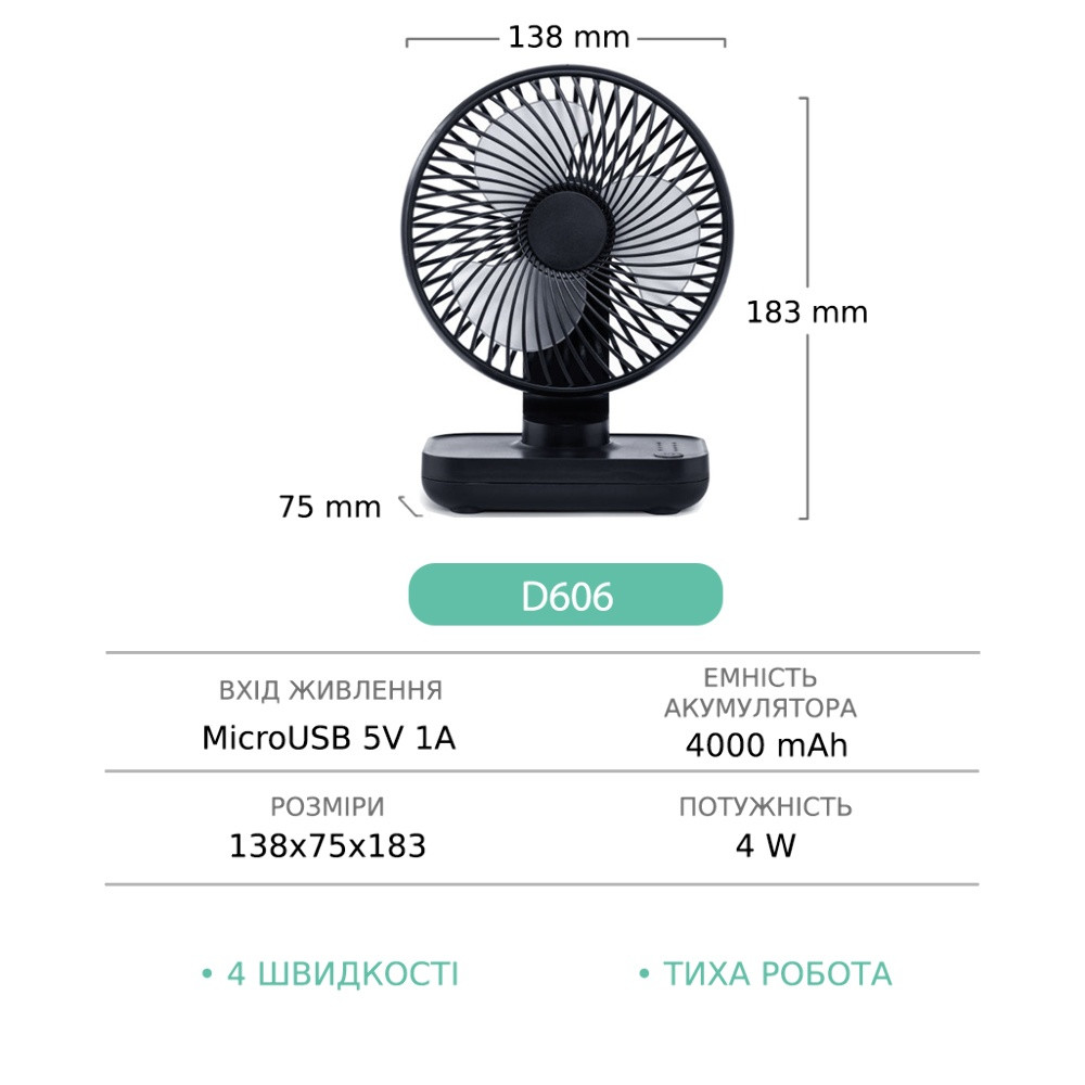 Настільний безпровідний вентилятор GXQC D606, Dark Gray - 11