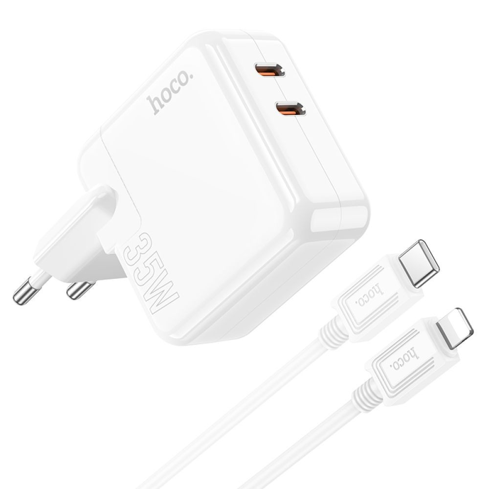 Мережевий зарядний пристрій Hoco C110A, Cable Type-C to Lightning, PD 35W, QC 3.0, White - 1