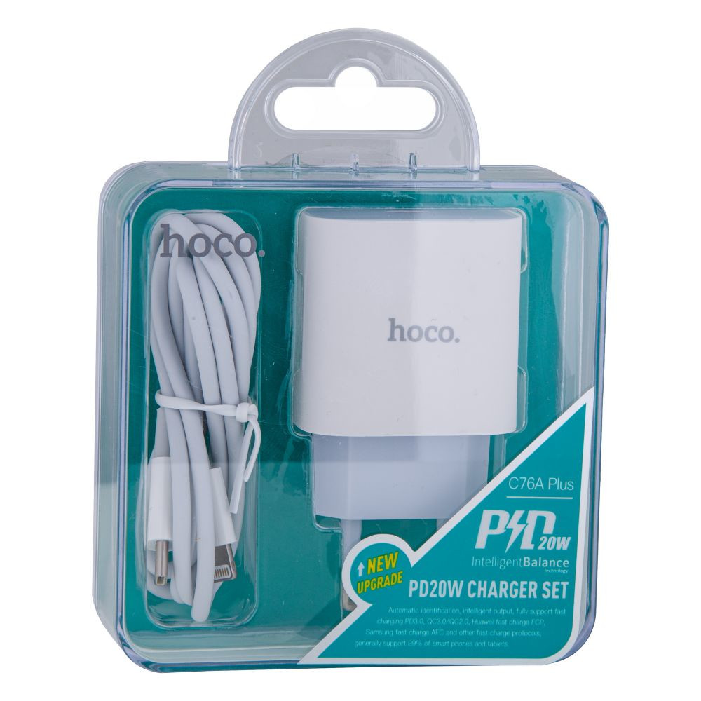 Мережевий Зарядний Пристрій Hoco C76A Plus, PD 20W, Cable Type-C to Lightning, White - 1