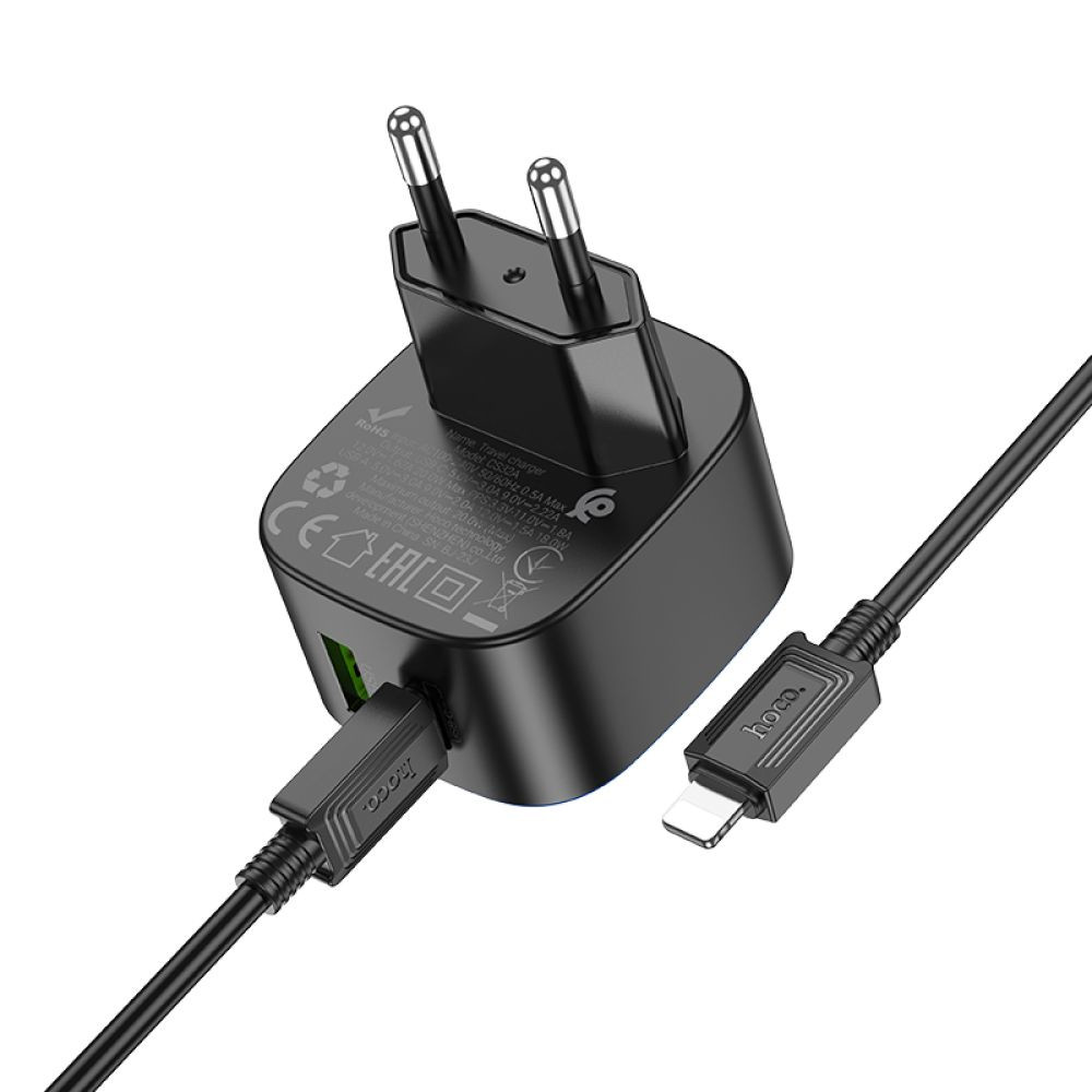 Мережевий зарядний пристрій Hoco CS32A, Cable Type-C to Lightning, PD 20W, QC 3.0, Black - 6