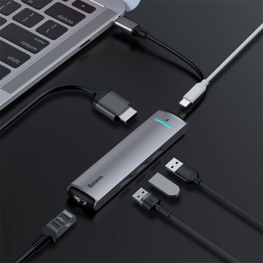 USB-хаб Baseus Type-C to PD of 3xUSB-A 3.0/HDMI 4K/LAN Gray - 6