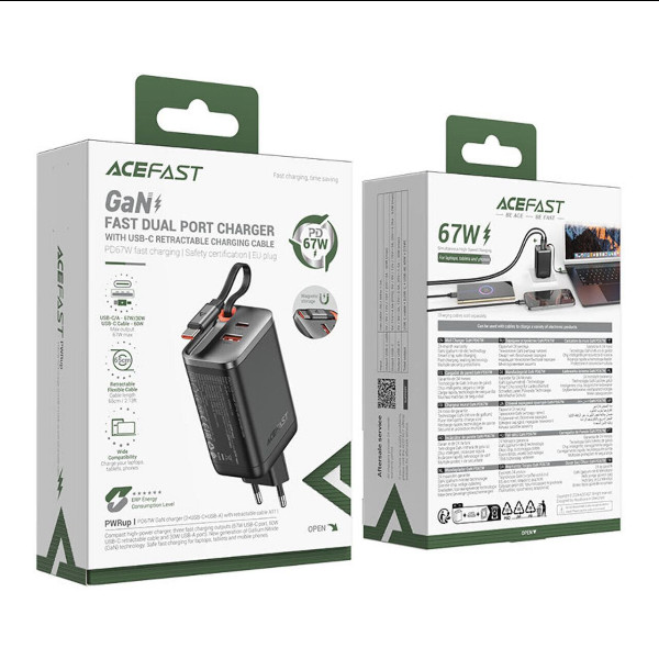 Мережевий зарядний пристрій Acefast A111, PD 67W, GaN, Cable Type-C, Black - 5