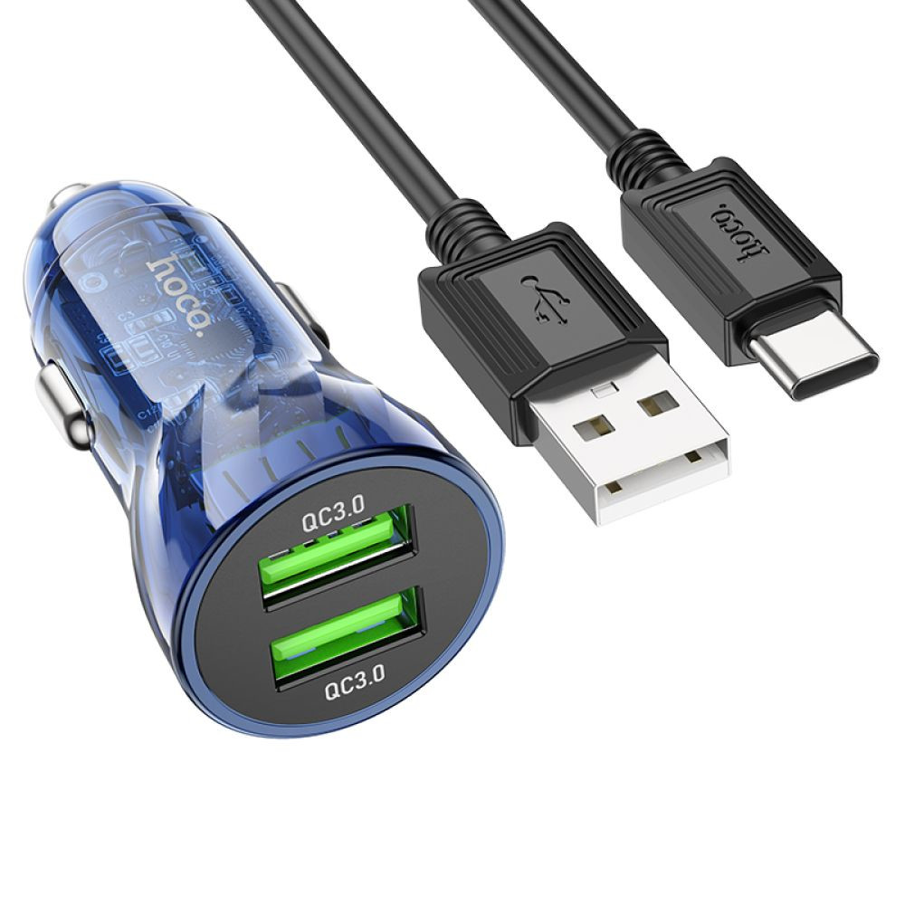 Автомобільний зарядний пристрій Hoco Z47 Transparent, QC 3.0 18W, Cable Type-C, Blue - 1