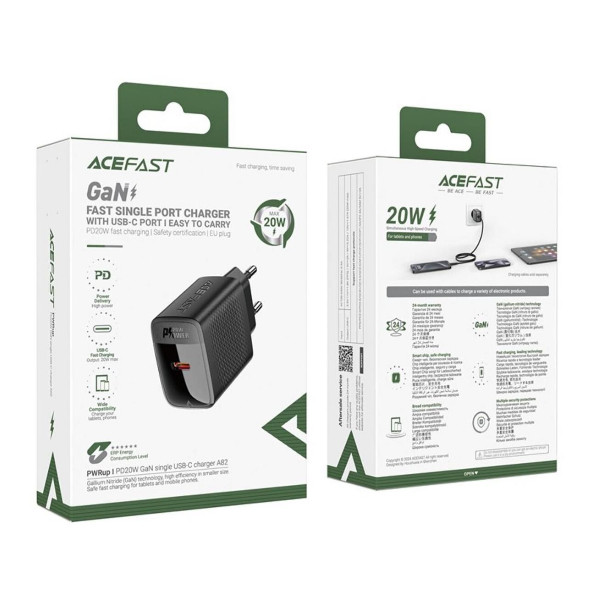 Мережевий зарядний пристрій Acefast A82, PD 20W, GaN, Black - 4