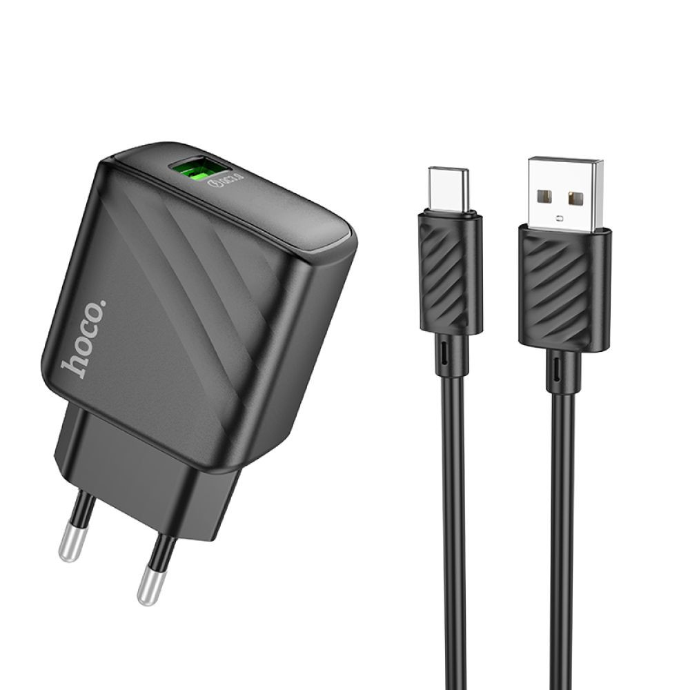 Мережевий Зарядний Пристрій Hoco CS21A, USB-A, QC3.0 18W, Cable Type-C, Black - 1
