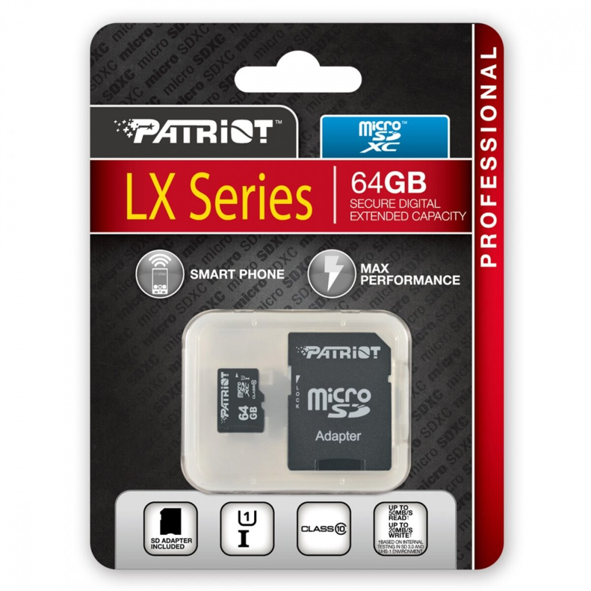 Карта пам'яті Patriot LX Series, 64Gb, micro SDXC UHS-1, class 10, adapter SD - 3