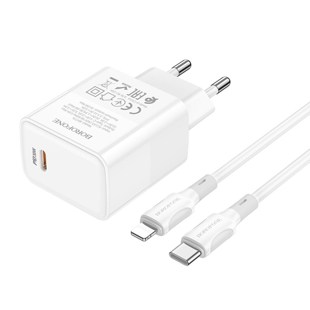 Мережевий зарядний пристрій Borofone BA77A, Cable Type-C to Lightning, PD 30W, QC 3.0, White - 1