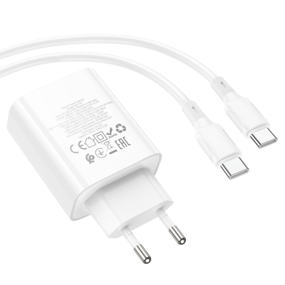 Мережевий зарядний пристрій Borofone BA79A, Cable Type-C to Type-C, PD 20W, QC 3.0, White - 4