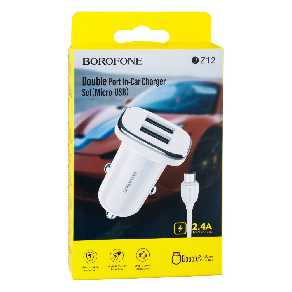 Автомобільний Зарядний Пристрій Borofone BZ12 2.4A Micro 2 USB White - 3