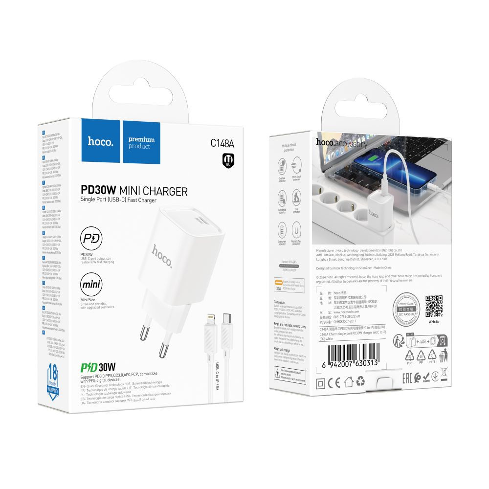 Мережевий зарядний пристрій Hoco C148A, Cable Type-C to Lightning, PD 30W, QC 3.0, White - 1