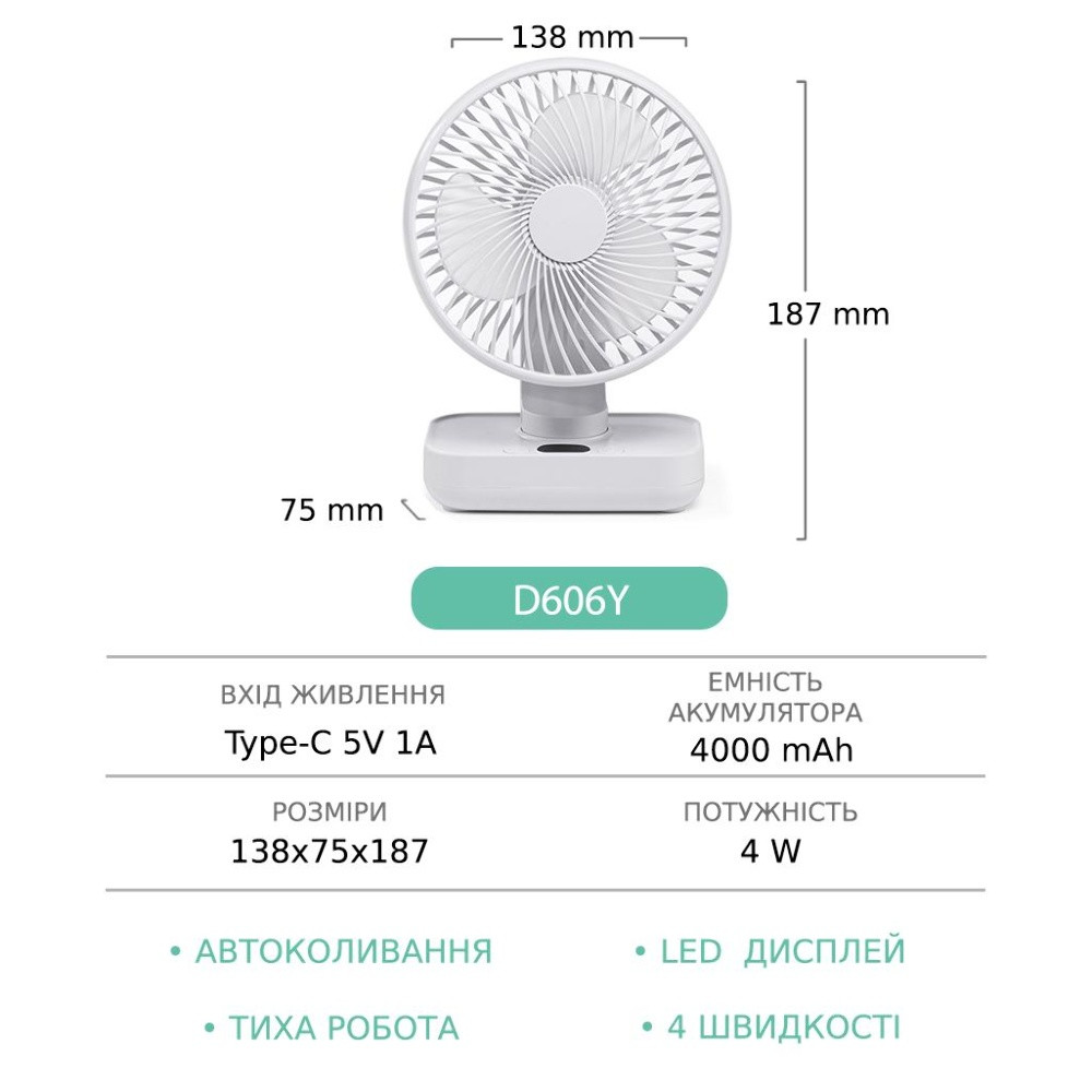 Настільний безпровідний вентилятор GXQC D606Y, White - 5