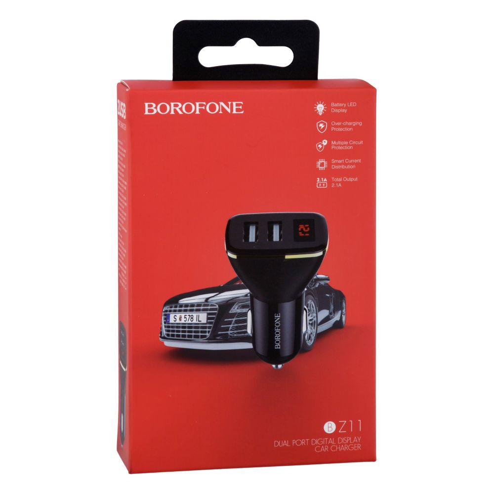 Автомобільний Зарядний Пристрій Borofone BZ11 Digital Display 2USB 2.1A Black - 1