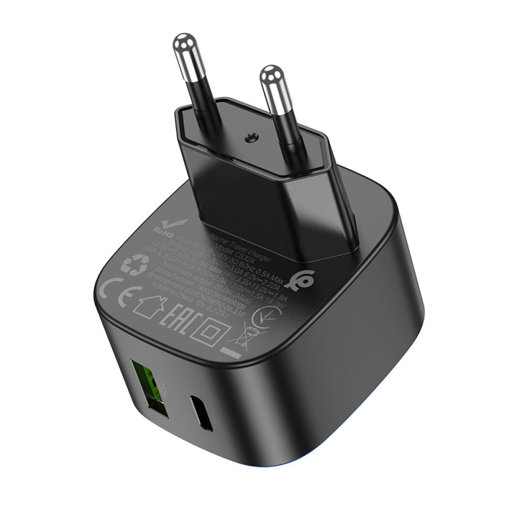 Мережевий зарядний пристрій Hoco CS32A, 1xUSB-C, 1xUSB, PD 20W, QC 3.0, Black - 1