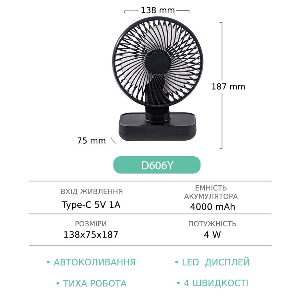 Настільний безпровідний вентилятор GXQC D606Y, Black - 4