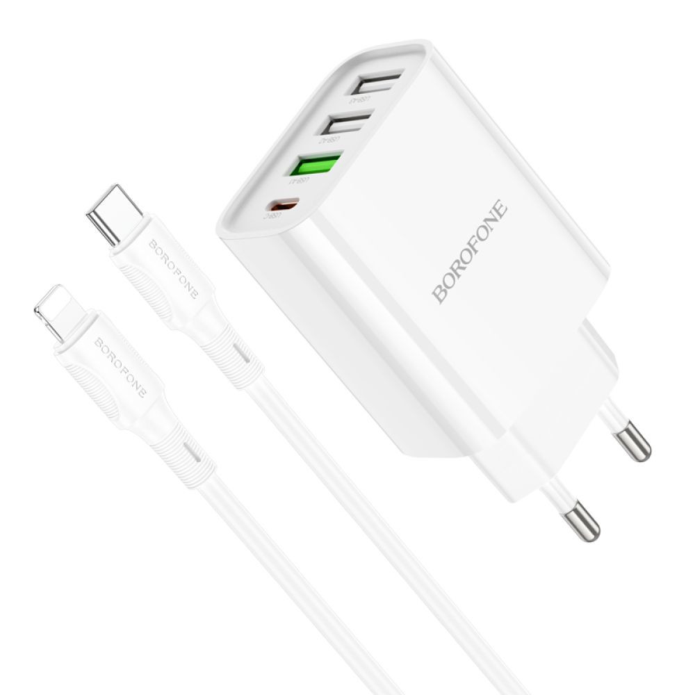 Мережевий зарядний пристрій Borofone BA79A, Cable Type C to Lightning, PD 20W, QC 3.0, White - 4