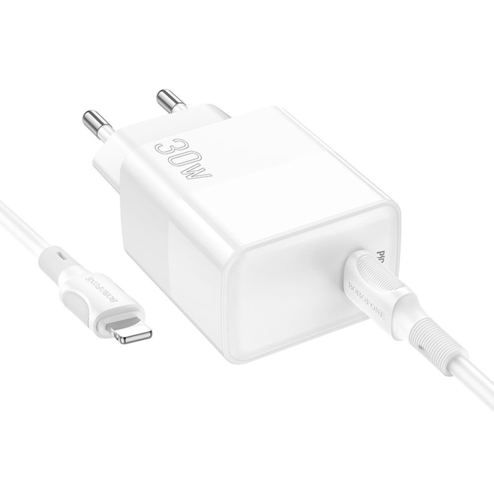 Мережевий зарядний пристрій Borofone BA77A, Cable Type-C to Lightning, PD 30W, QC 3.0, White - 3