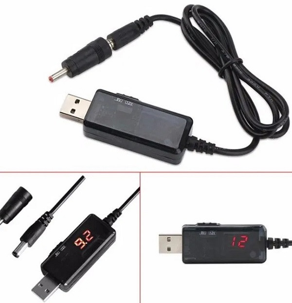 Кабель з перетворювачем 5V на 12V, 0.5A, 5.5x2.1 DC, для роутера,(дисплей+перемикач) Black - 1